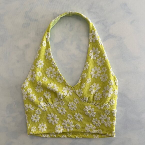 Timing Neon Green Floral Hawaiian Halter Crop Tank Top - Picture 1 of 4
